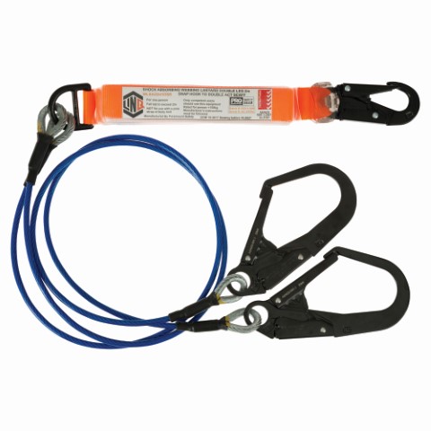 LINQ ELITE DBLE LEG SHOCK ABSORB 2M WIRE ROPE LANYARD W/HARDWARE